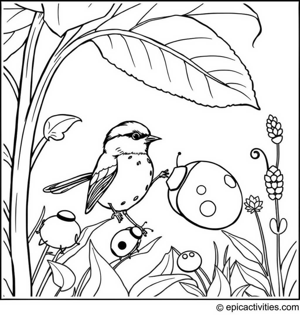 Coloring page of a chickadee painting spots on a ladybug