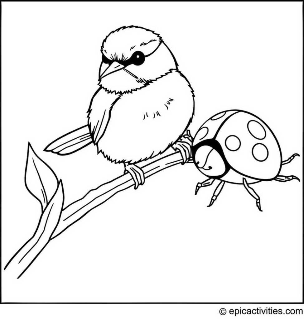 Coloring page of a Chickadee Painting Spots on a Ladybug