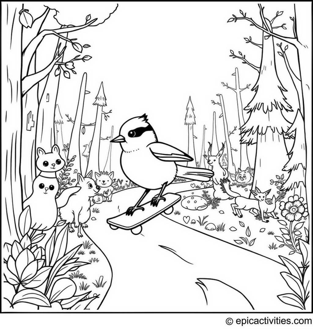 Coloring page of a Chickadee Skateboarding Through a Whimsical Forest