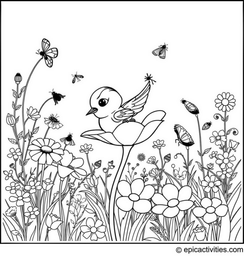 Coloring page of a Chickadee Sliding Down a Buttercup in a Meadow Scene