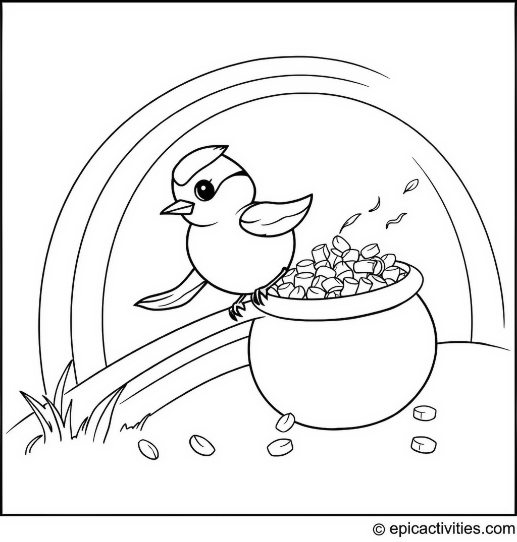 Coloring page of a Chickadee Sliding Down a Rainbow into a Pot of Gold
