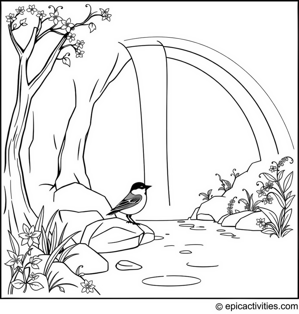 Coloring page of a Chickadee under a Rainbow Waterfall