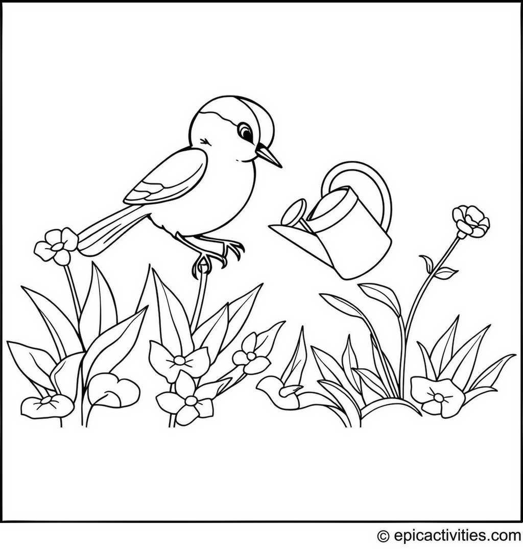 Coloring page of a Chickadee Watering a Flower with a Tiny Watering Can