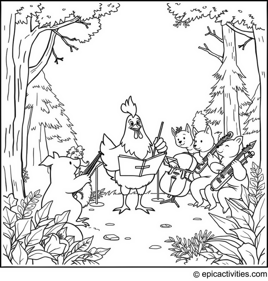 Coloring page of a chicken conducting an orchestra in a forest