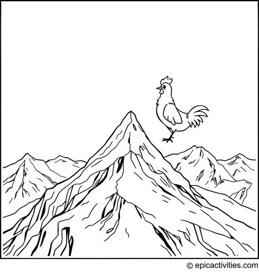 Coloring page of a Chicken on a Snowy Mountain Peak Gazing at the Northern Lights