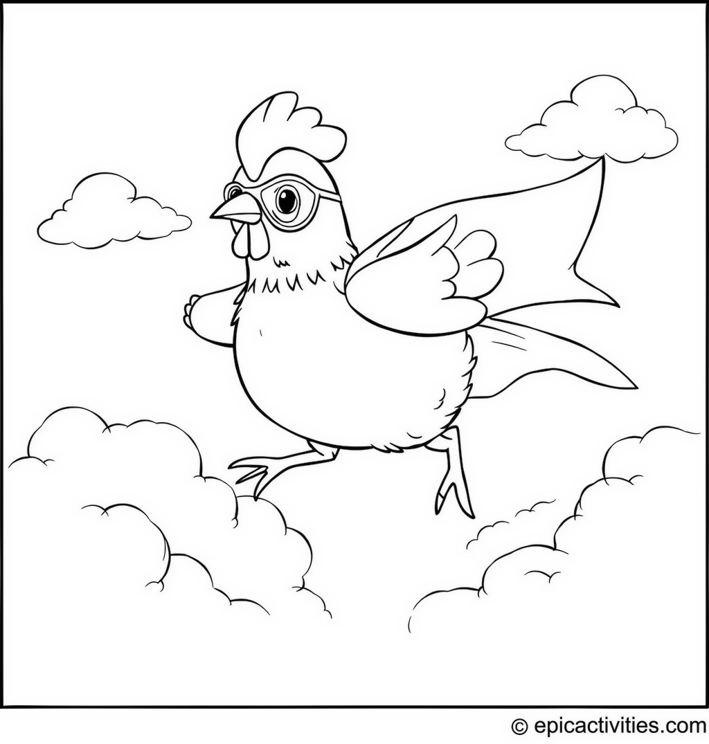 Coloring page of a Chicken Superhero Flying Through the Clouds
