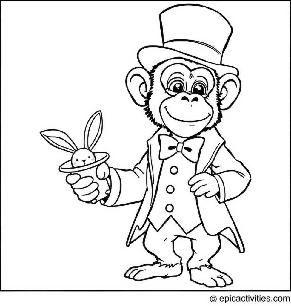 Coloring page of a Chimpanzee Magician with a Rabbit