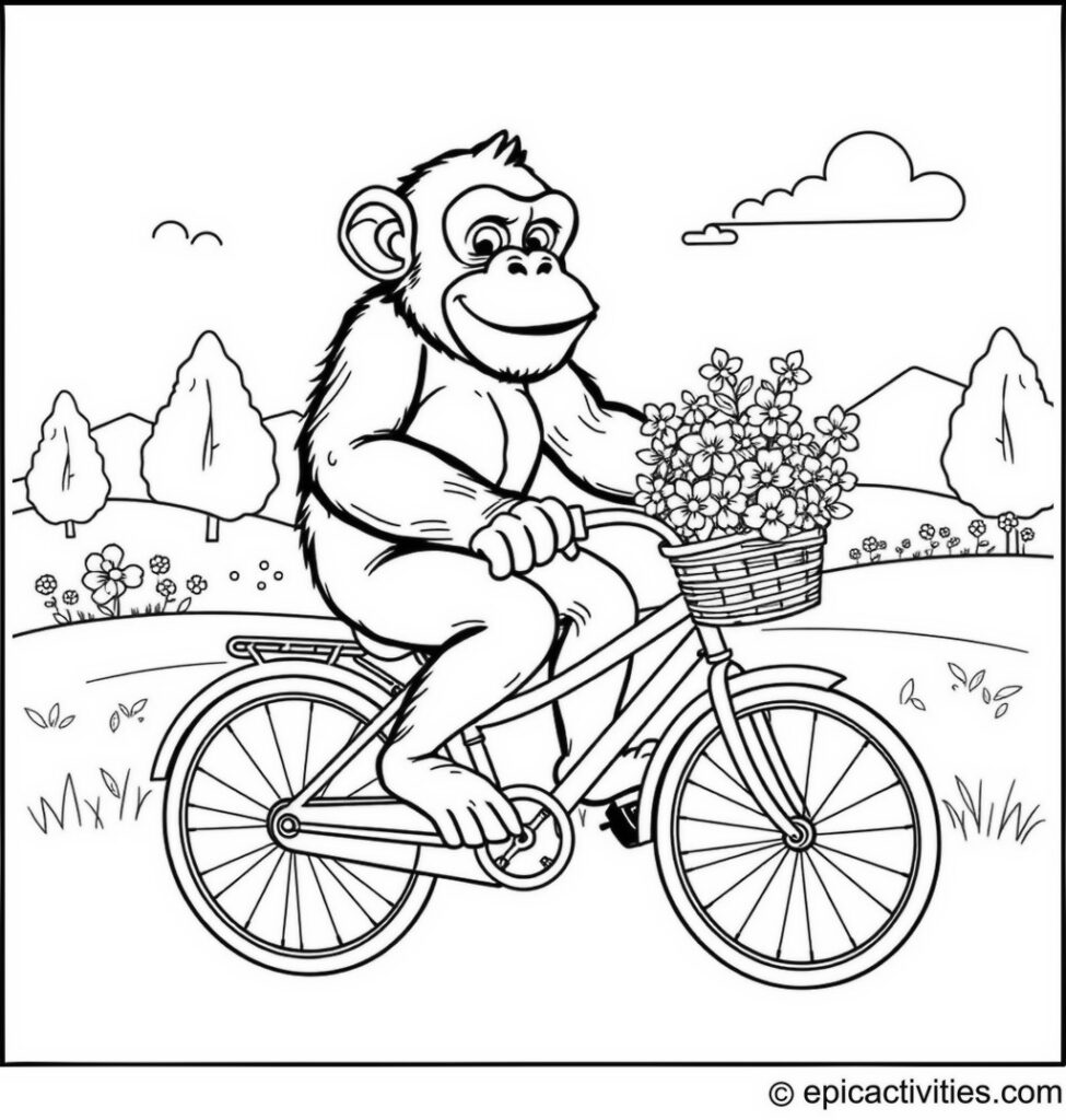Coloring page of a Chimpanzee Riding a Bicycle in the Countryside