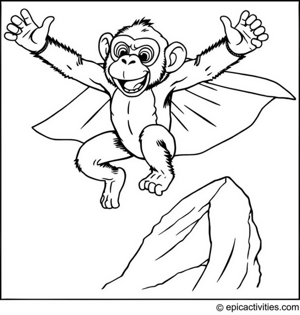 Coloring page of a chimpanzee superhero leaping off a rock