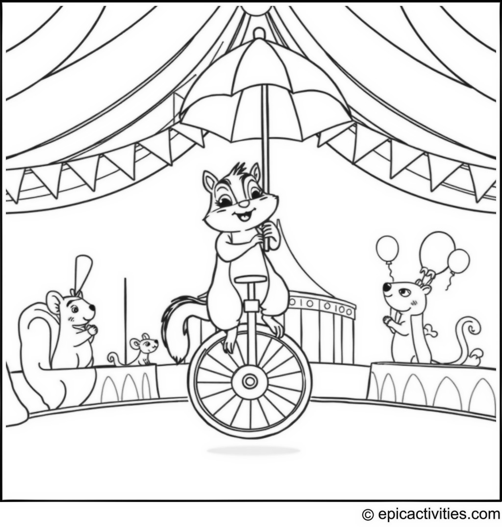 Coloring page of a Chipmunk Riding a Unicycle in a Circus Tent