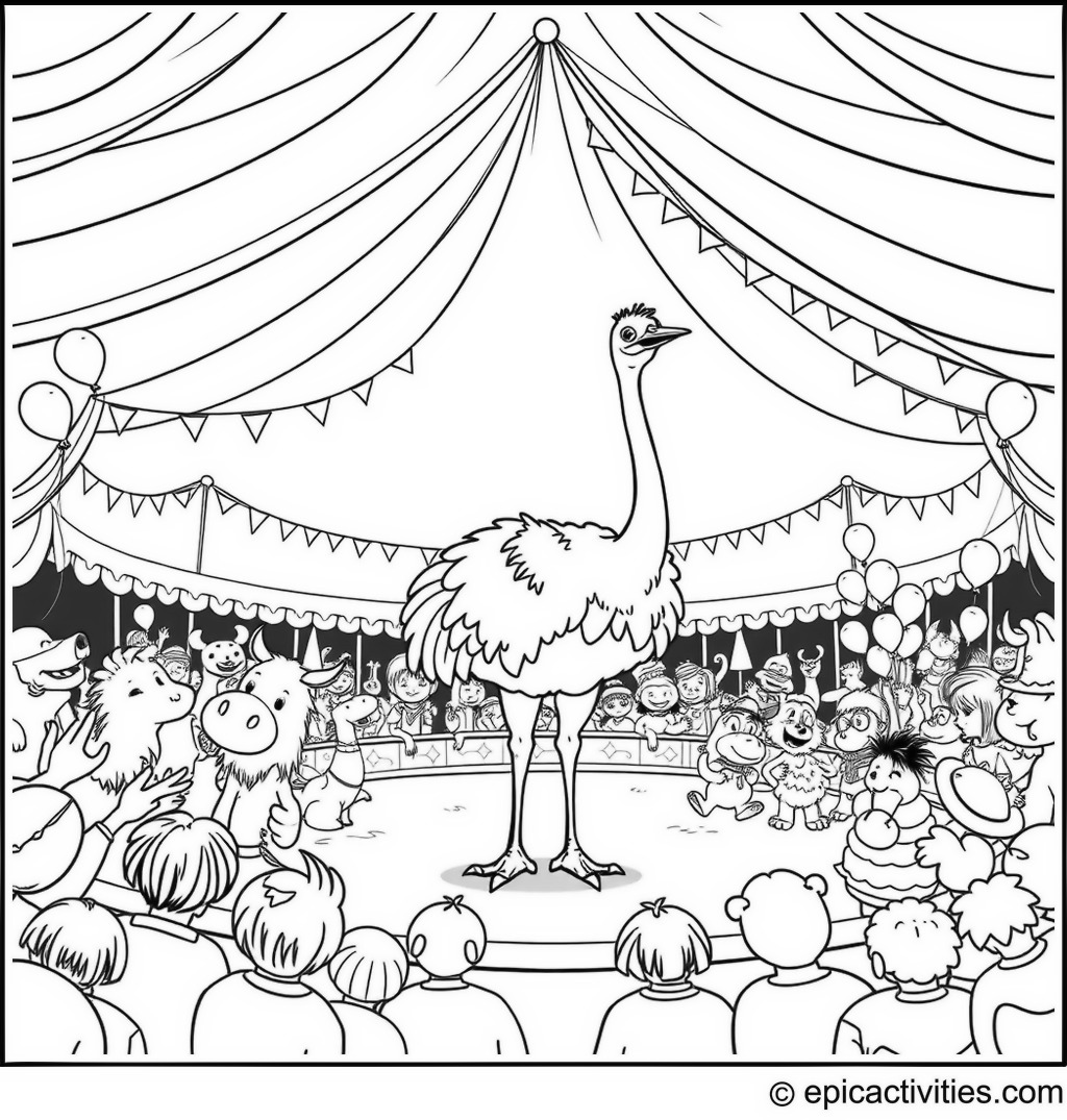 Coloring page of a Circusing Ostrich and Friends