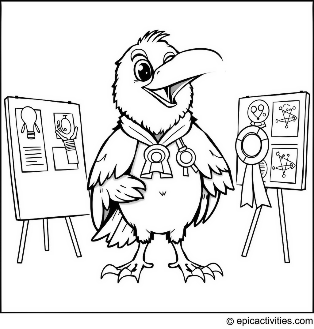 Coloring page of a Clever Raven at the Science Fair