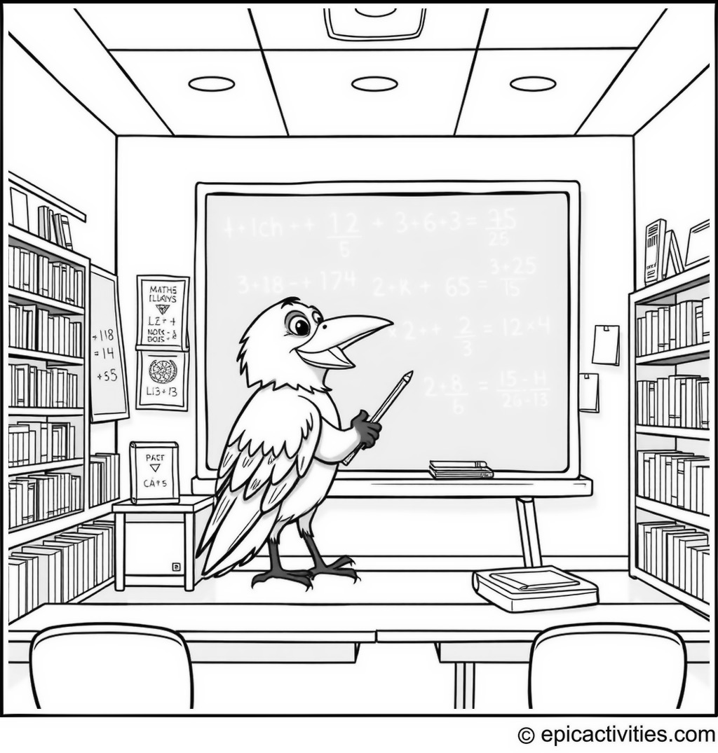 Coloring Page of a Clever Raven Doing Math