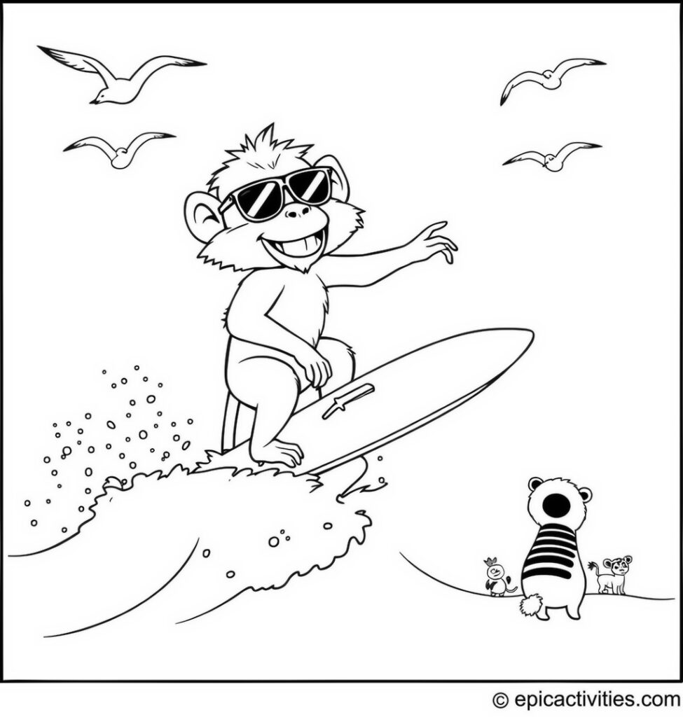 Coloring page of a Cool Baboon Riding a Surfboard