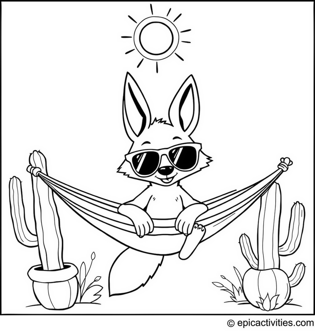 Coloring page of a cool coyote in sunglasses lounging on a hammock between cacti