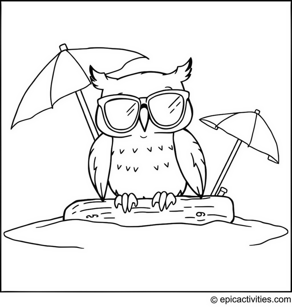 Coloring page of a Cool Owl on the Beach