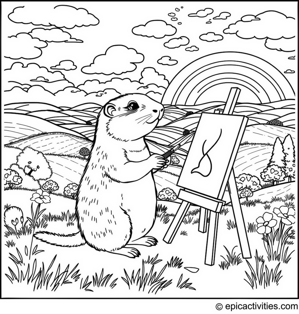 Coloring page of a Creative Gopher Painter in the Countryside