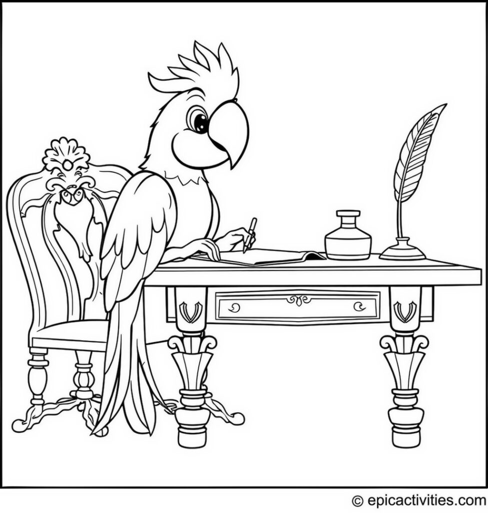 Coloring page of a Creative Parrot Writing a Letter