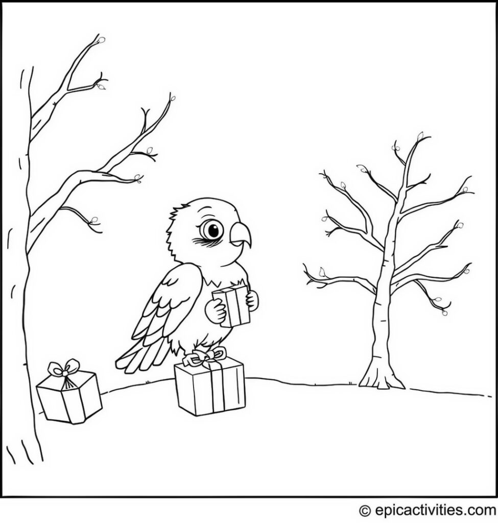 Coloring page of a cute and cartoon falcon bringing gifts to a magical tree lit up with fairy lights