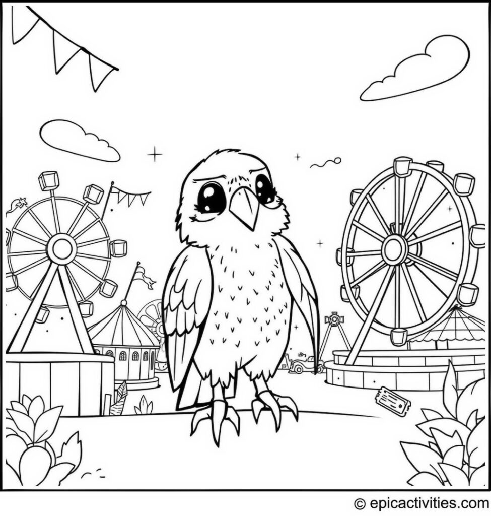 Coloring page of a cute and cartoon falcon on an adventure in a whimsical carnival with rainbow Ferris wheels and talking tickets