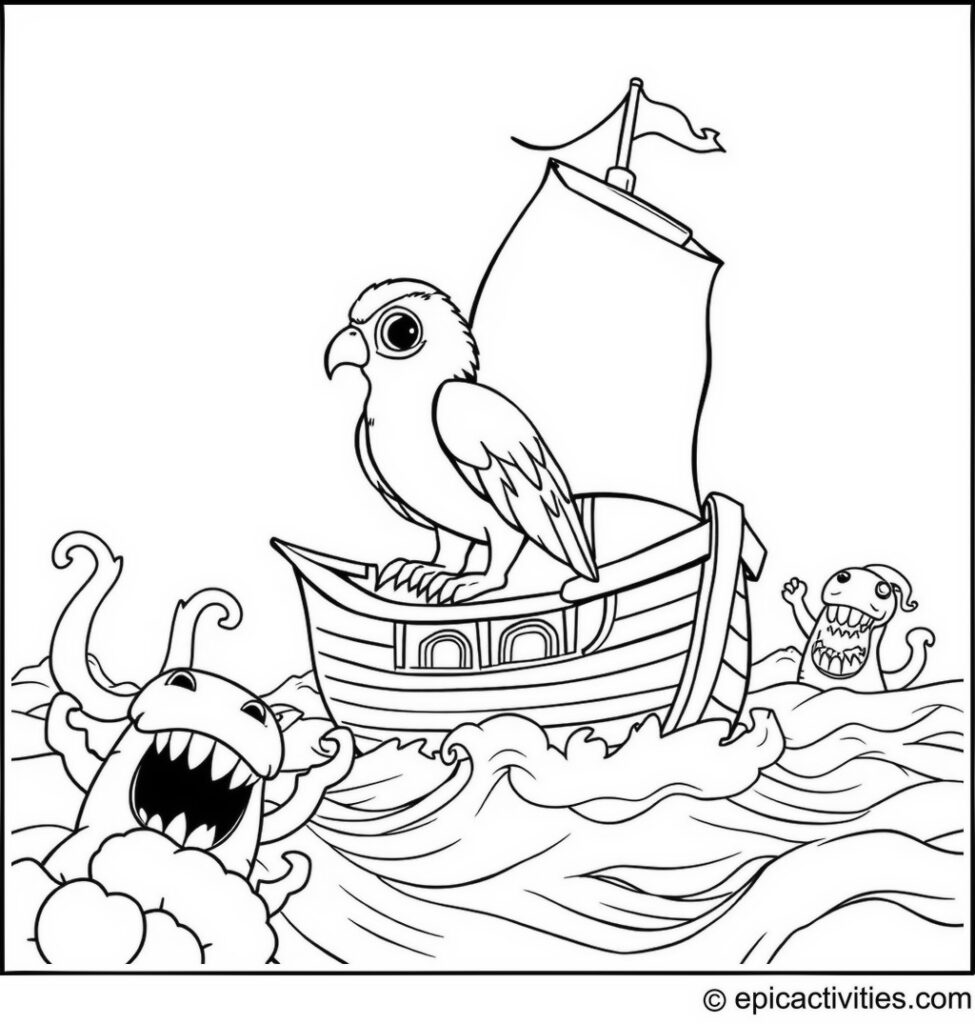 Coloring page of a Cute and Cartoon Falcon on a Pirate Ship Navigating Through Treacherous Cartoon Waters with Playful Sea Monsters
