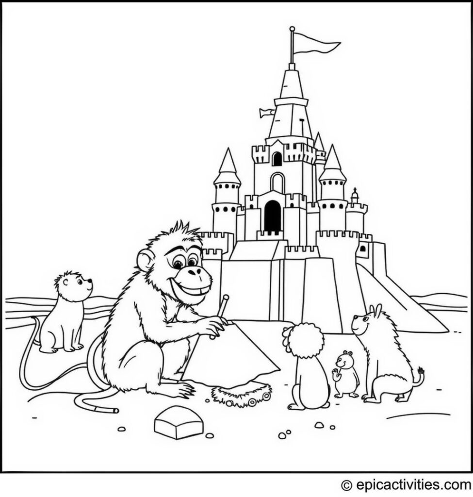 Coloring page of a Cute Baboon Building a Sandcastle on the Beach