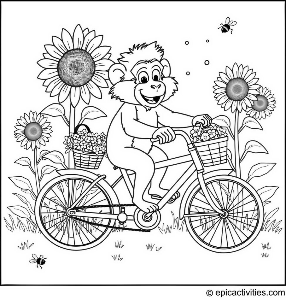 Coloring page of a Cute Baboon Riding a Bicycle Through a Sunflower Field