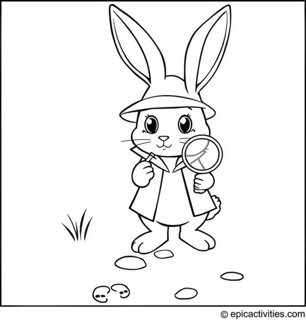 Coloring page of a Cute Cartoon Bunny Detective with a Magnifying Glass
