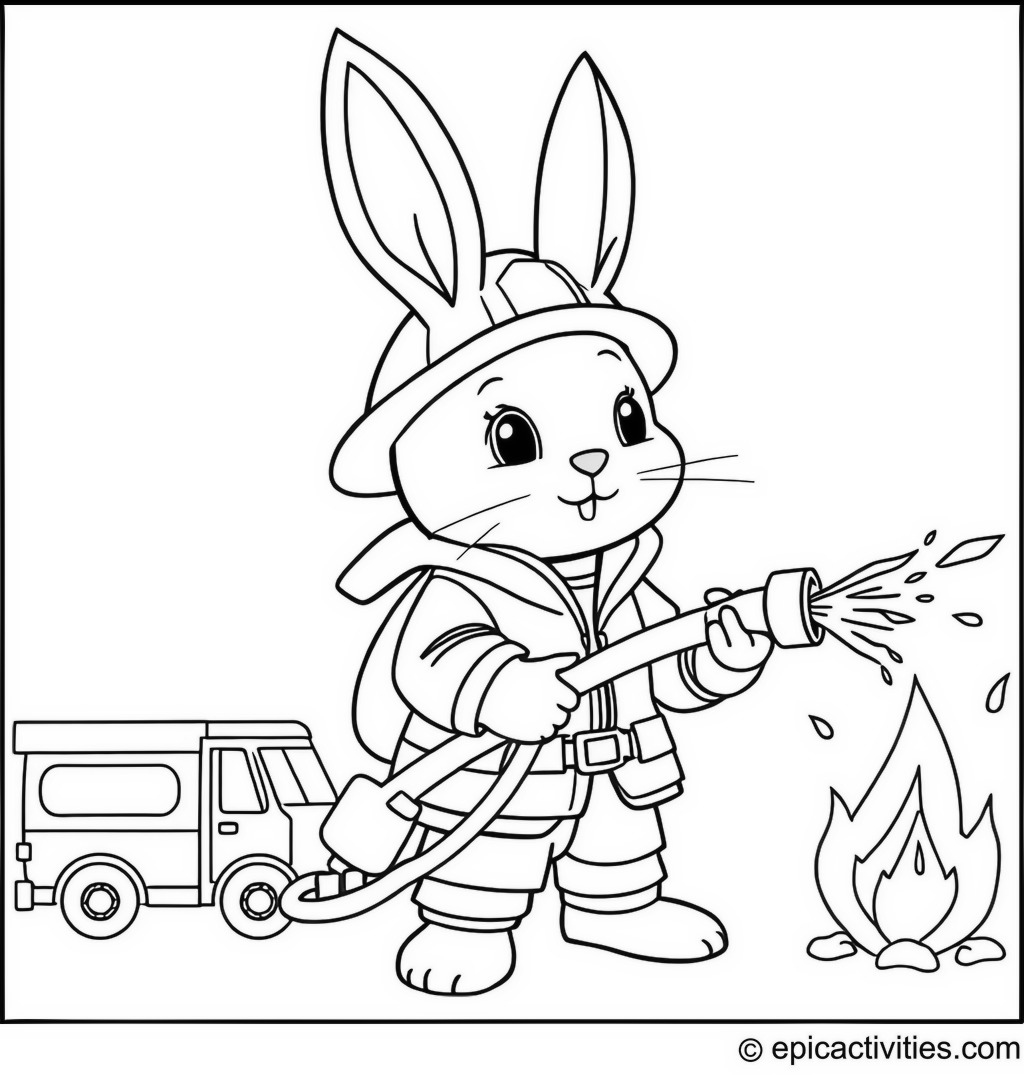 Coloring page of a Cute Cartoon Bunny Firefighter