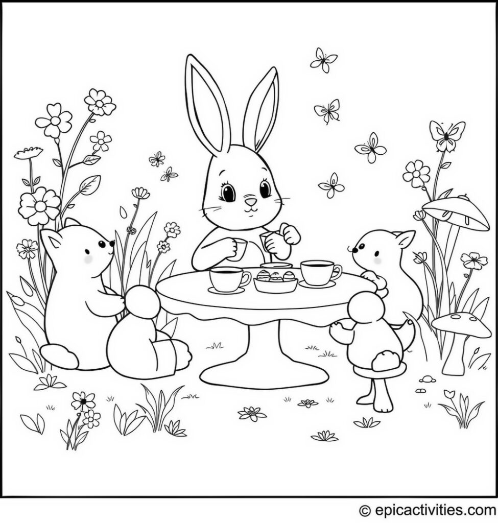 Coloring page of a Cute Cartoon Bunny Hosting a Tea Party in a Whimsical Garden