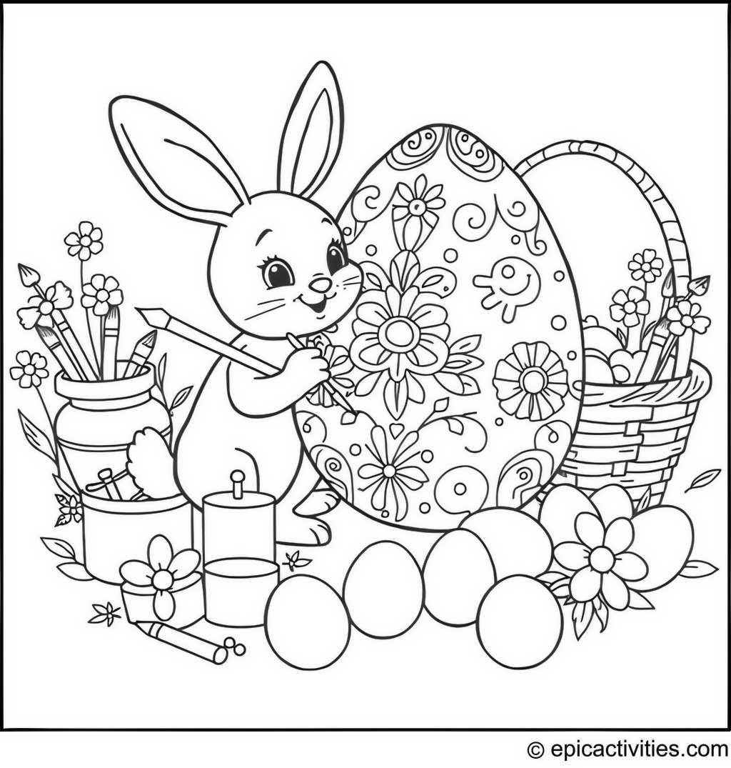 Coloring page of a Cute Cartoon Bunny Painting a Giant Easter Egg
