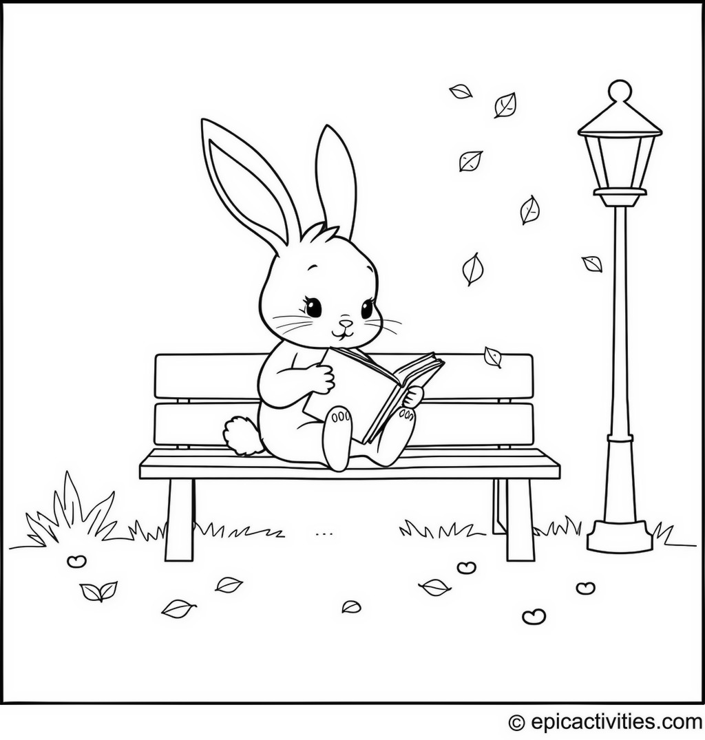 Coloring page of a Cute Cartoon Bunny Reading on a Bench
