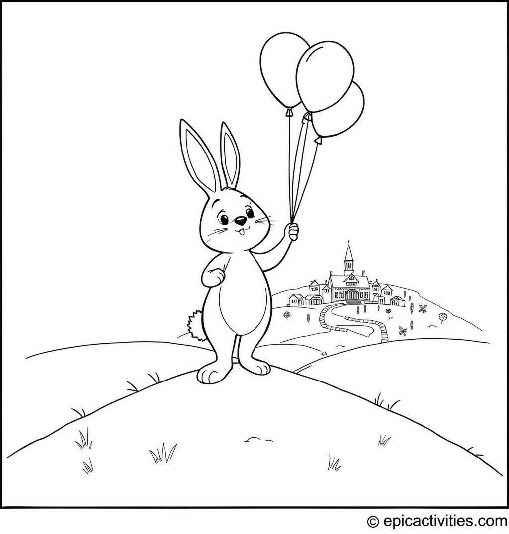 Coloring page of a Cute Cartoon Bunny with Balloons on a Hilltop