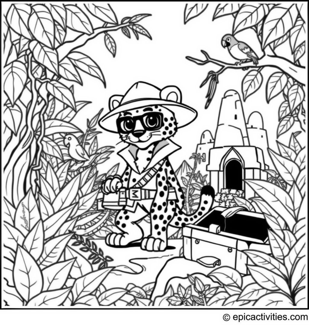 Coloring page of a Cute Cartoon Cheetah Explorer in a Jungle Adventure