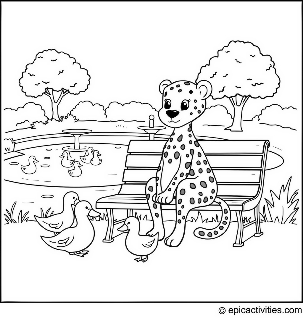 Coloring page of a Cute Cartoon Cheetah Feeding Ducks in the Park