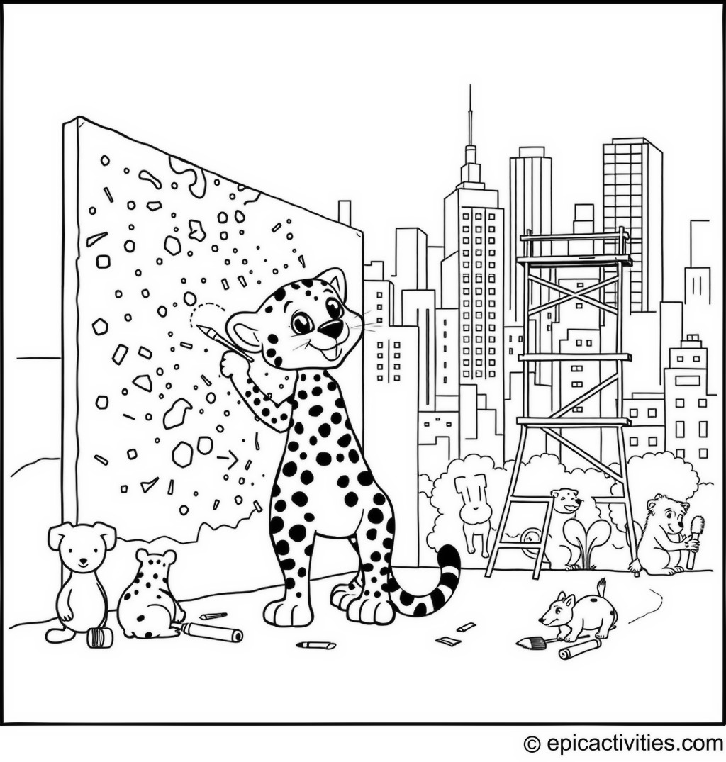 Coloring page of a cute cartoon cheetah painting a mural in the city