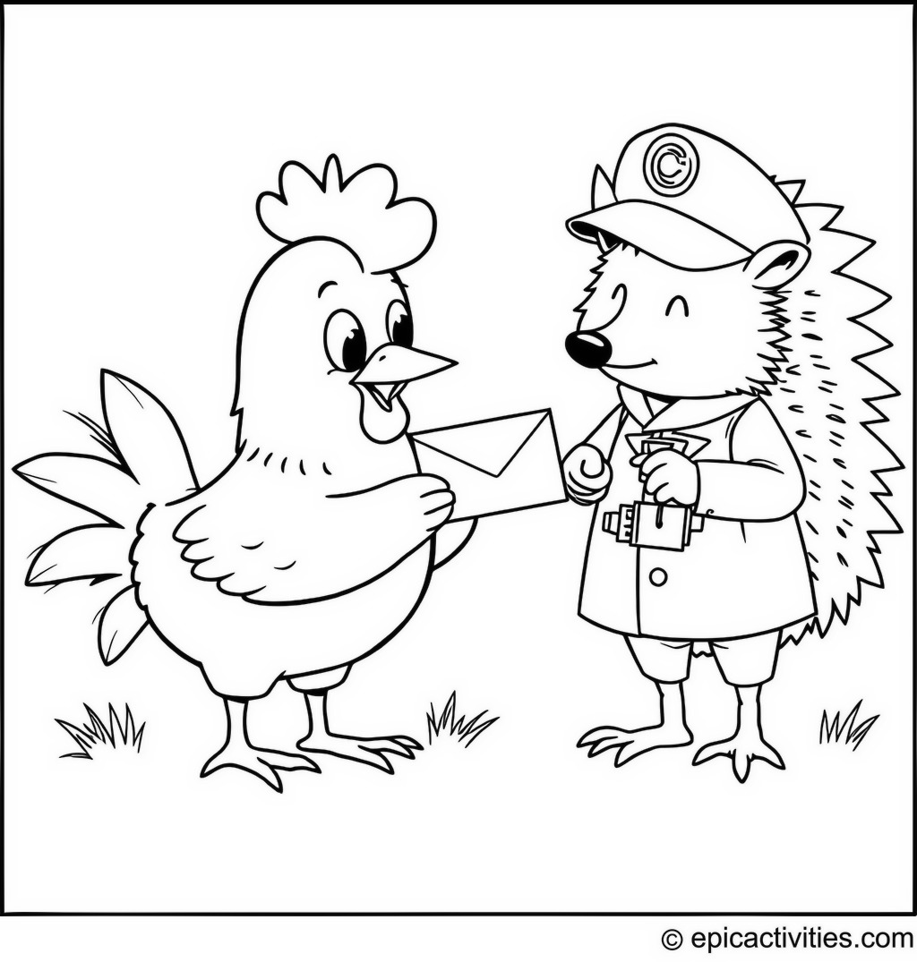 Coloring page of a Cute Cartoon Chicken and Hedgehog Postman