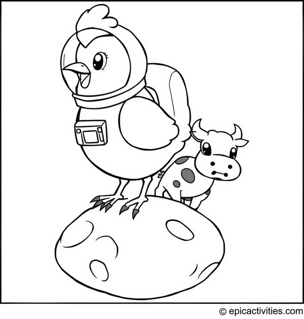 Coloring page of a cute cartoon chicken astronaut landing on a cheese moon with an alien cow