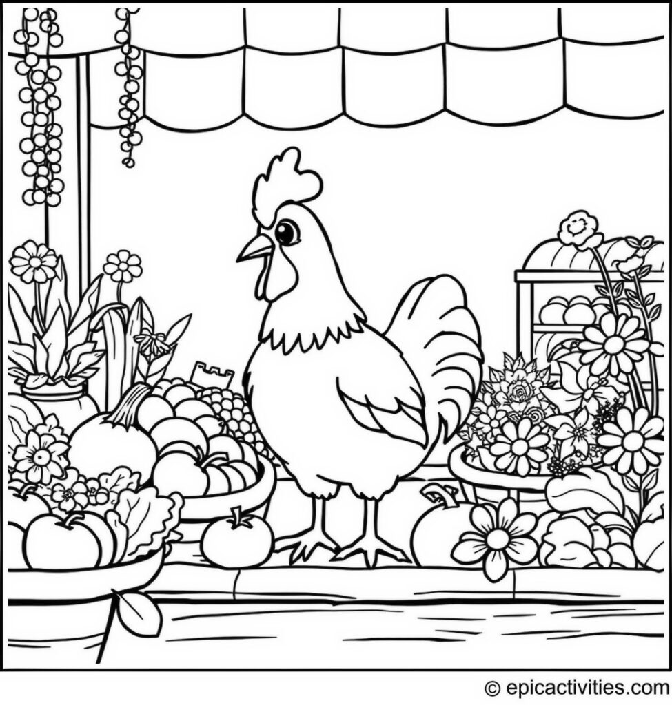 Coloring page of a Cute Cartoon Chicken at a Farmer’s Market