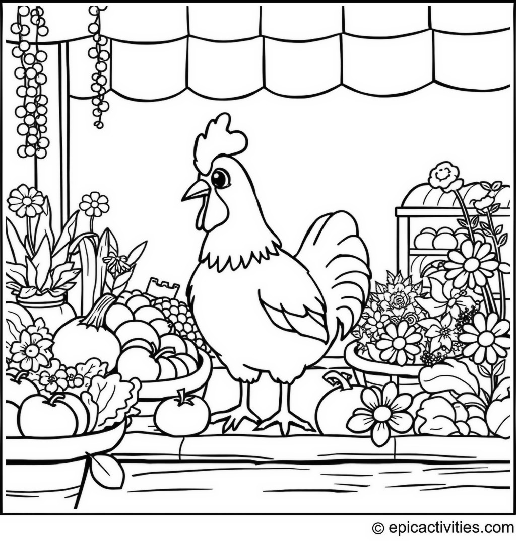 Coloring page of a Cute Cartoon Chicken at a Farmer’s Market