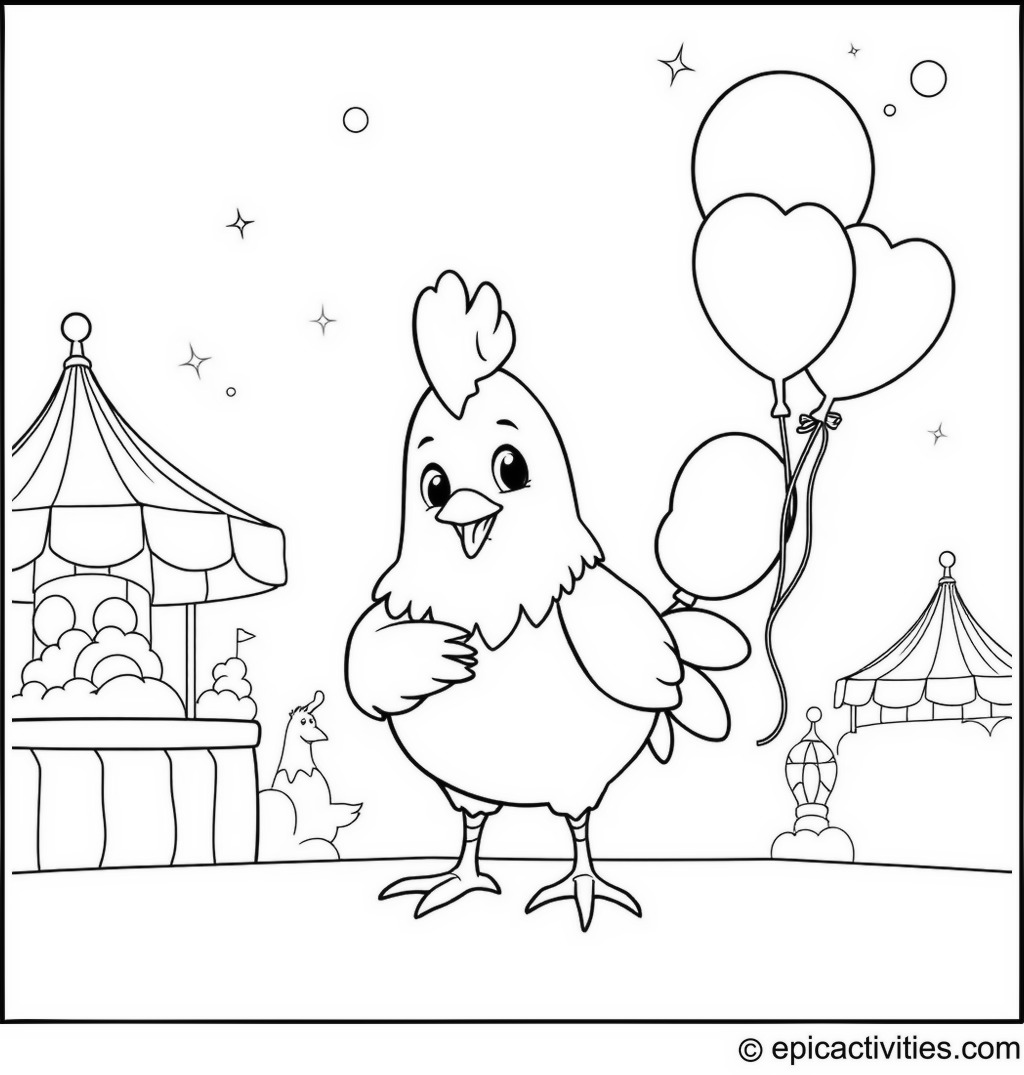 Coloring page of a cute cartoon chicken at a magical carnival