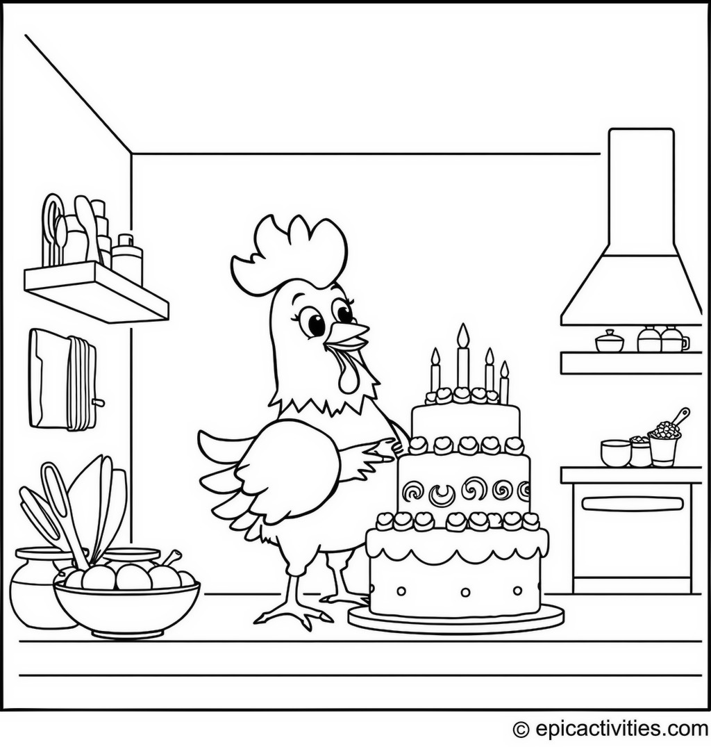 Coloring page of a cute cartoon chicken baking a giant cake in an oversized kitchen