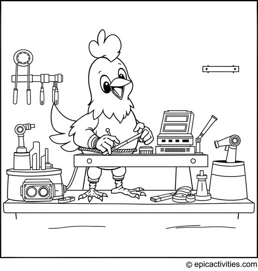 Coloring page of a Cute Cartoon Chicken Building a Robot