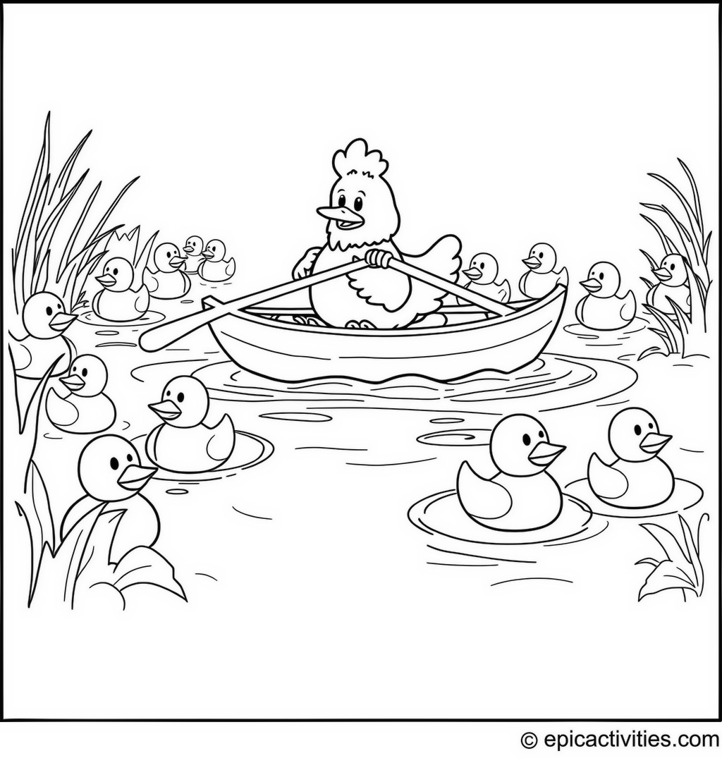 Coloring page of a Cute Cartoon Chicken Canoeing with Rubber Duckies