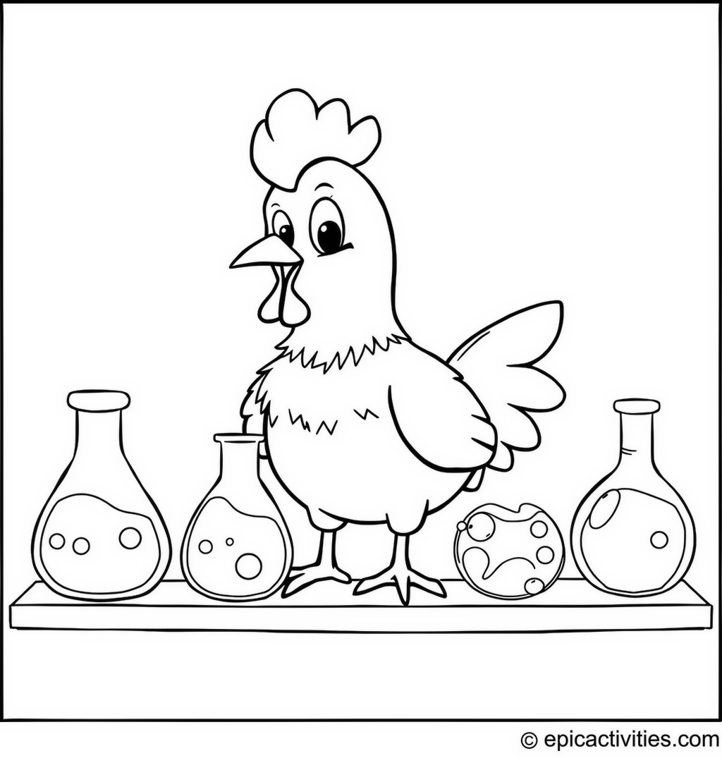 Coloring page of a Cute Cartoon Chicken Conducting a Science Experiment