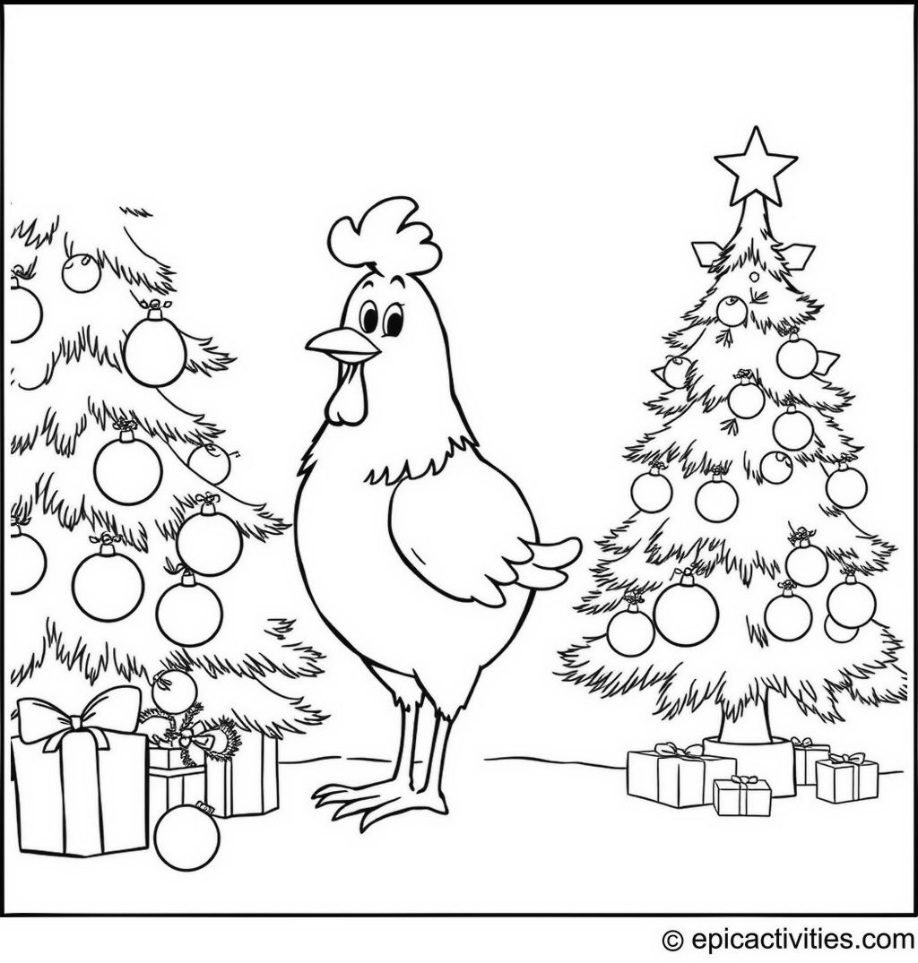 Coloring page of a cute cartoon chicken decorating a giant Christmas tree