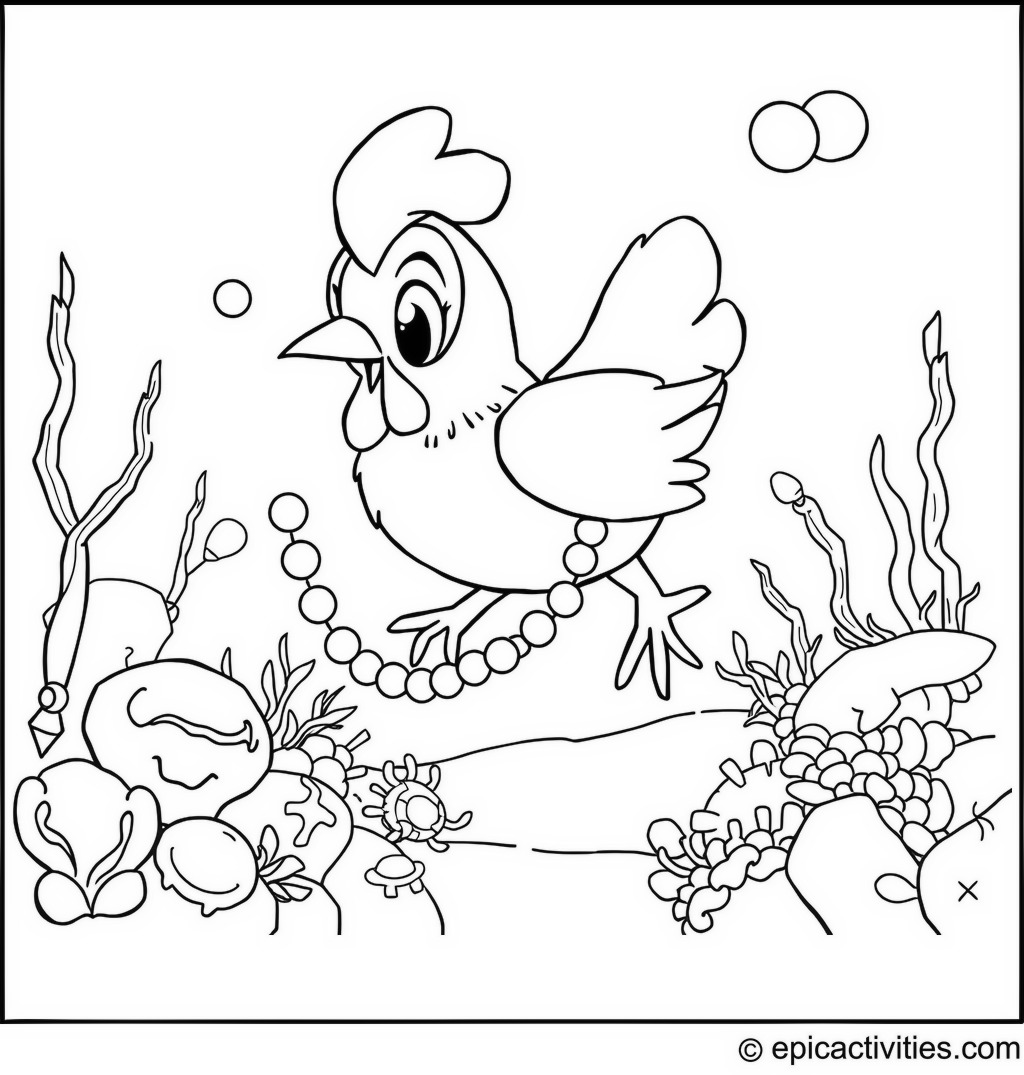 Coloring Page of a Cute Cartoon Chicken Diving for Pearls in an Underwater Treasure Hunt
