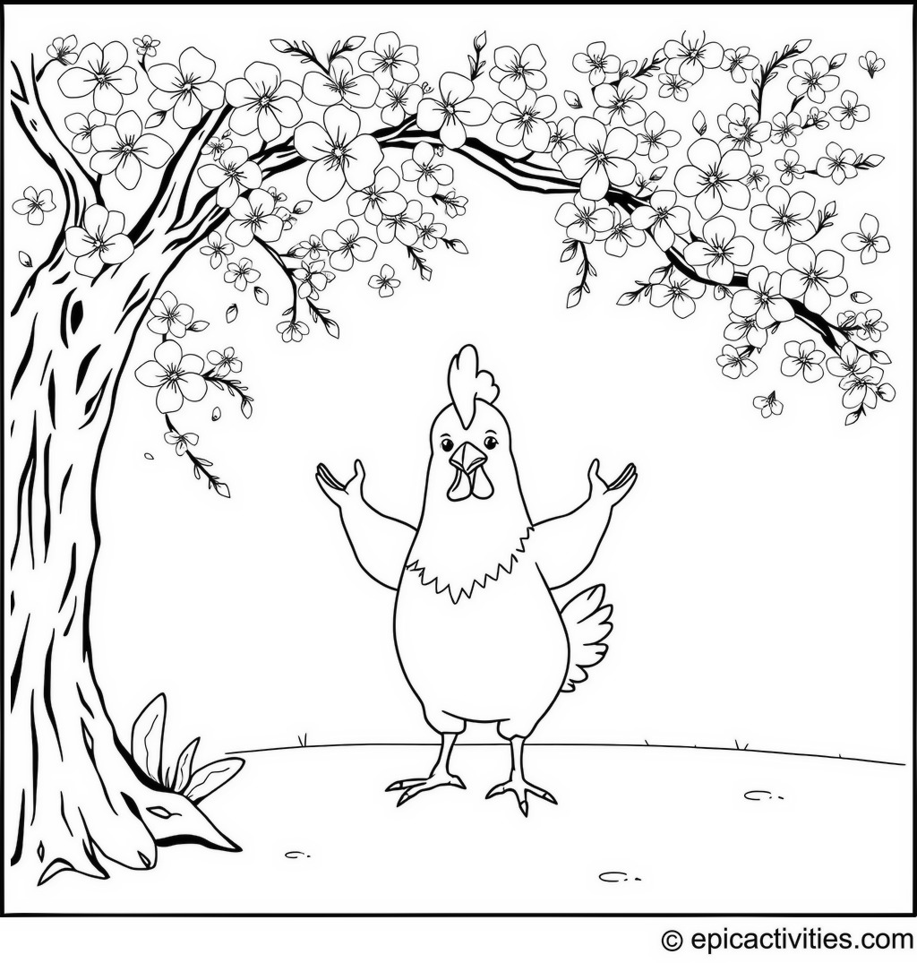 Coloring page of a cute cartoon chicken doing yoga under a cherry blossom tree
