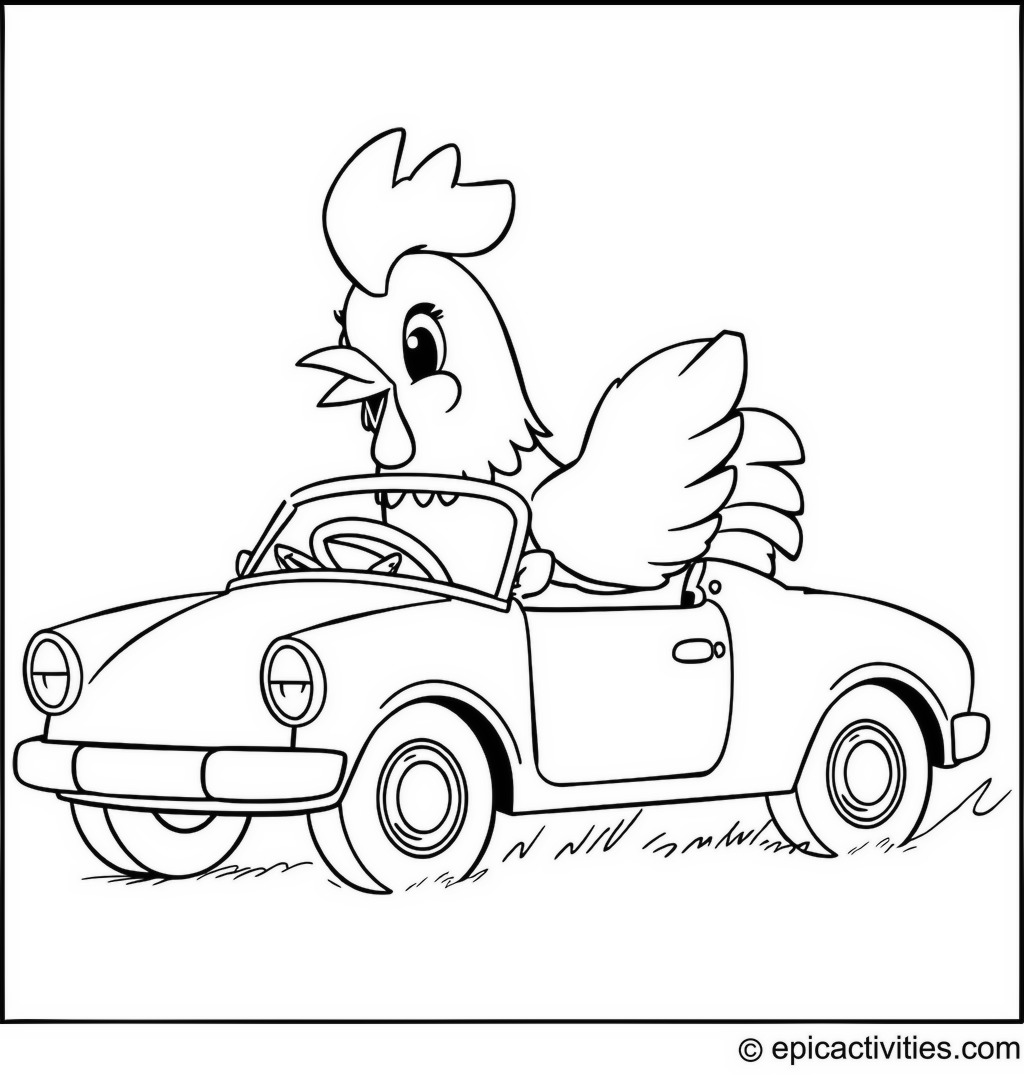 Coloring page of a Cute Cartoon Chicken Driving a Convertible