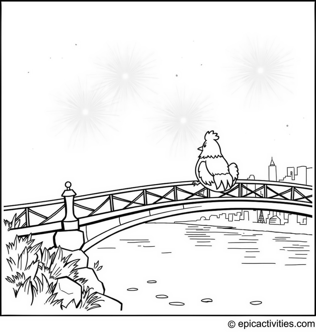 Coloring page of a Cute Cartoon Chicken Enjoying Fireworks on a Bridge